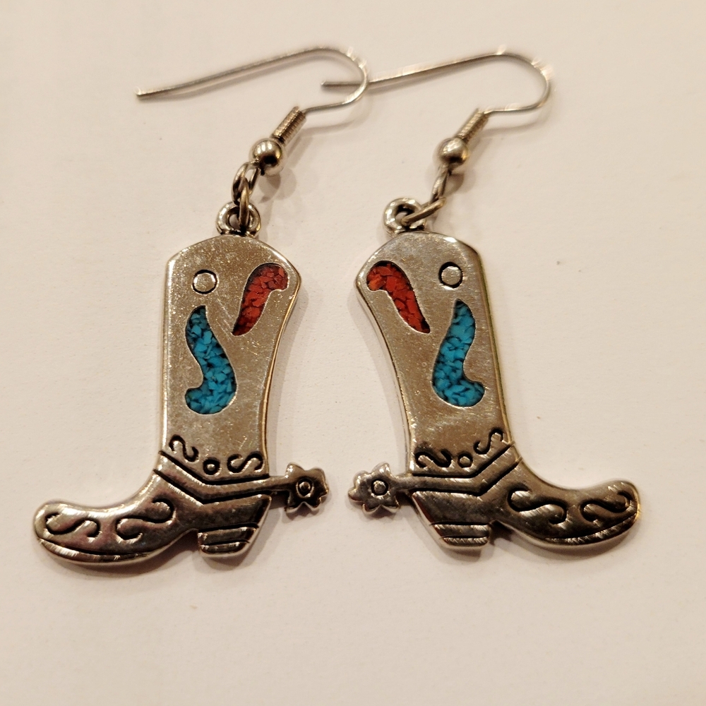 Vintage Silver Turquoise Coral Southwest Cowboy Boots Dangle earrings Stamped